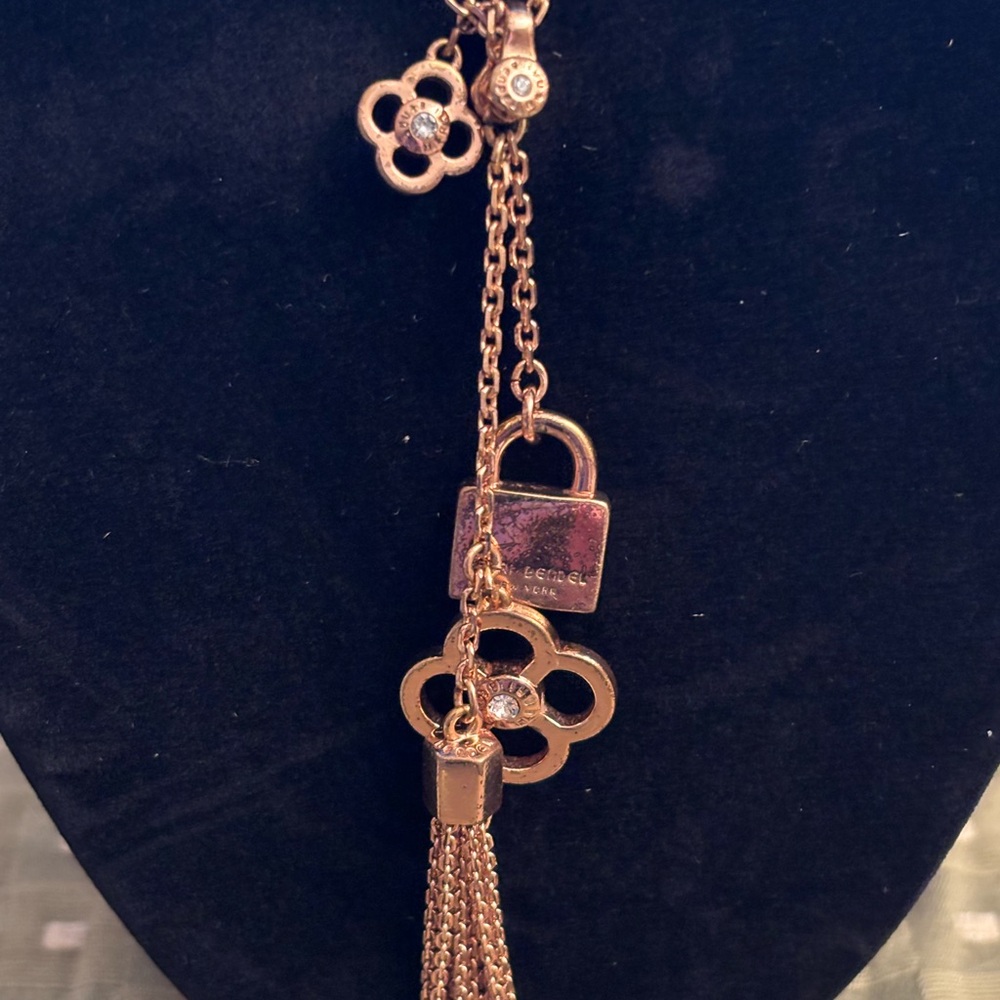 Vintage Henri Bendel Tassel, Padlock, Clovers Charm Necklace, Rose GoldTone, 38” - Picture 2 of 6